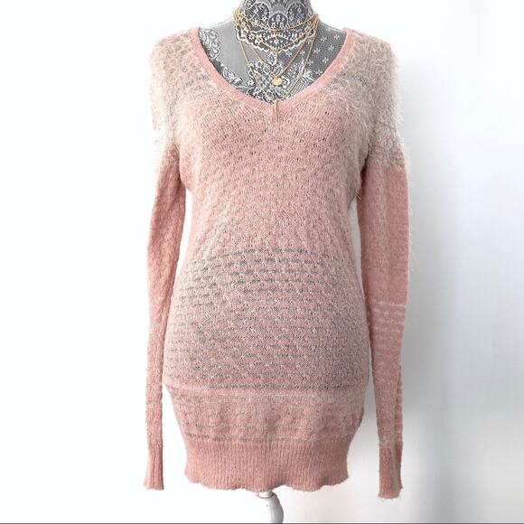 Valette Womens Mohair Long Sleeve Metallic V-Neck Sweater Mini Dress Tunic XS - Picture 2 of 5